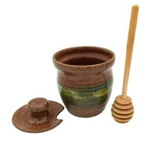 Stoneware Honey Pot Jar Lid Wooden Dipper Rustic Farmhouse Brown Green Glaze